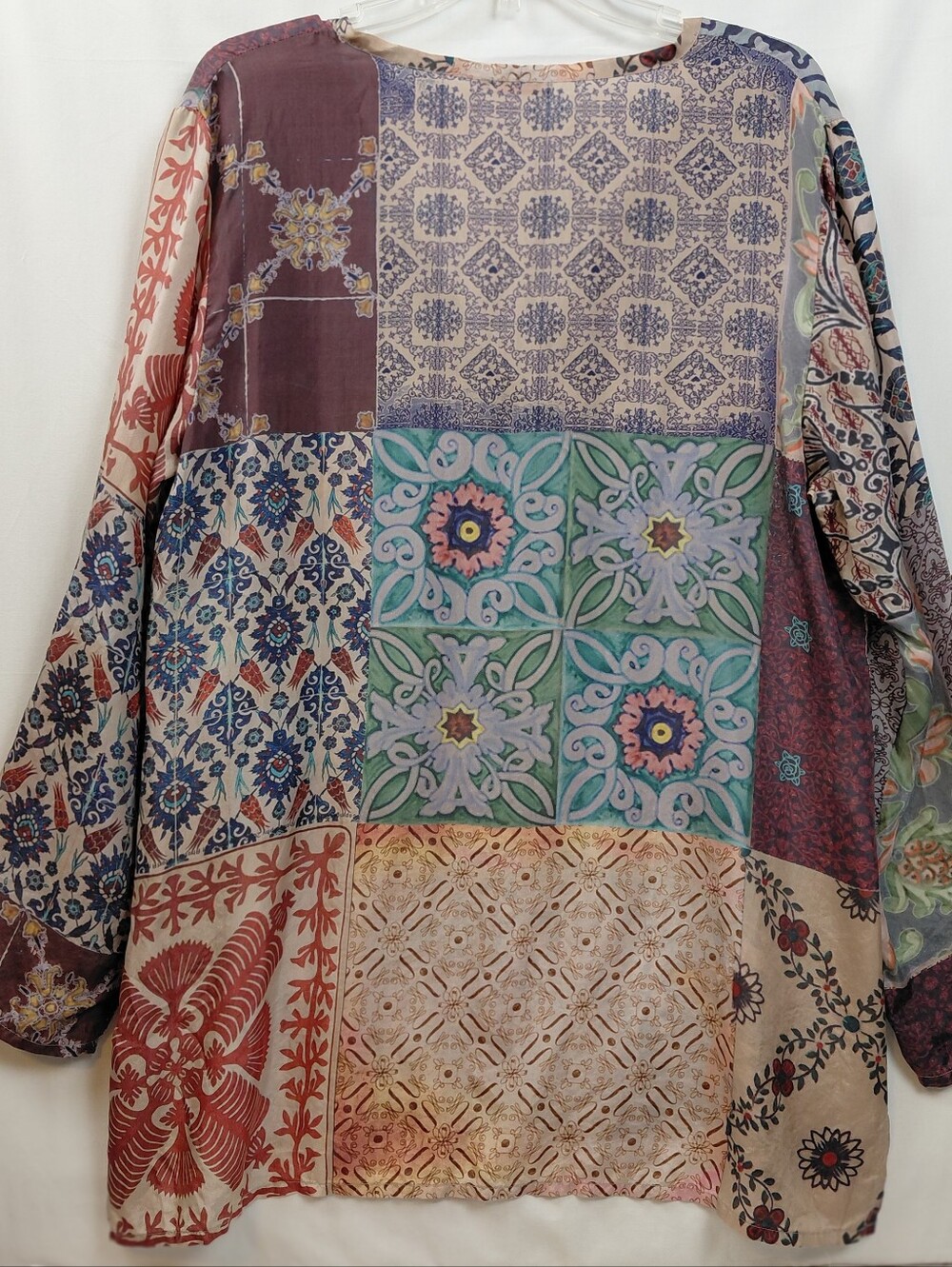 Johnny Was 100% Silk Tunic Blouse Women's Size Large Patchwork 90s - Picture 3 of 9